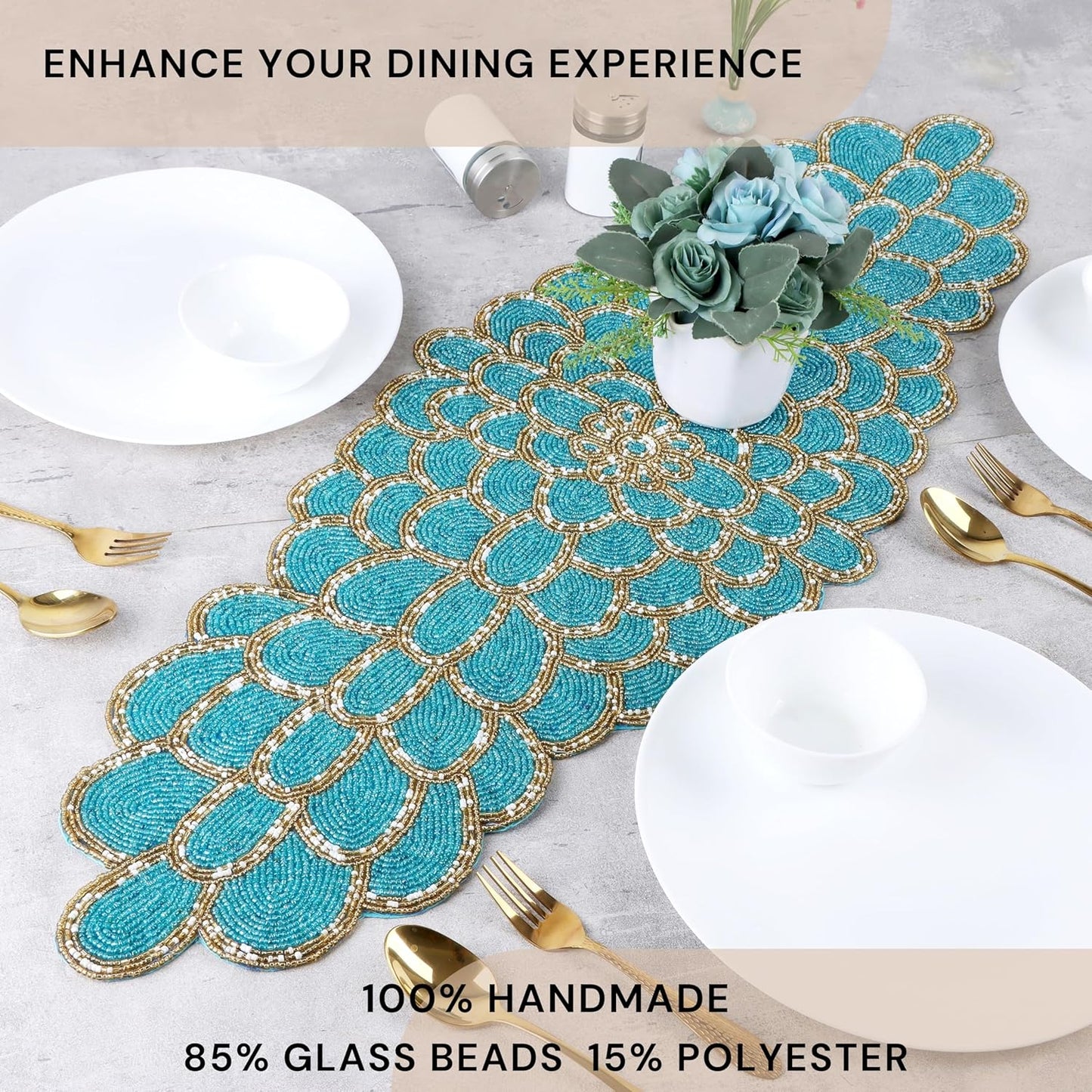 Beaded Table Runner 13 x 36 Inches - Handmade Decorative Dining Table Centerpiece with Glass Beads & Polyester Back, Elegant Runner for Weddings, Parties & Holiday Décor (Blue & Gold) - CLEENTABLE