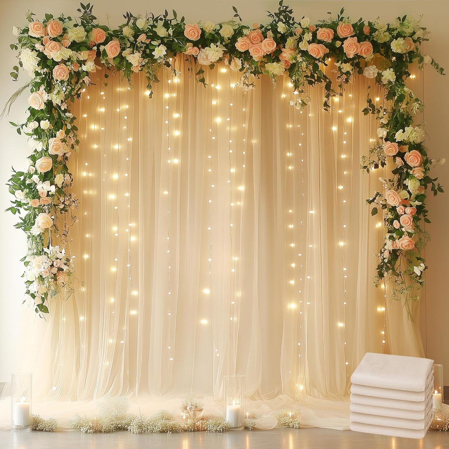 Fomcet Tulle Backdrop Curtains Champagne 30FT X 10FT Tulle Curtain with Lights String Sheer Backdrop Curtains for Parties Wedding Baby Shower Photo Shoot Decorations (6 Panels 5 x 10FT)