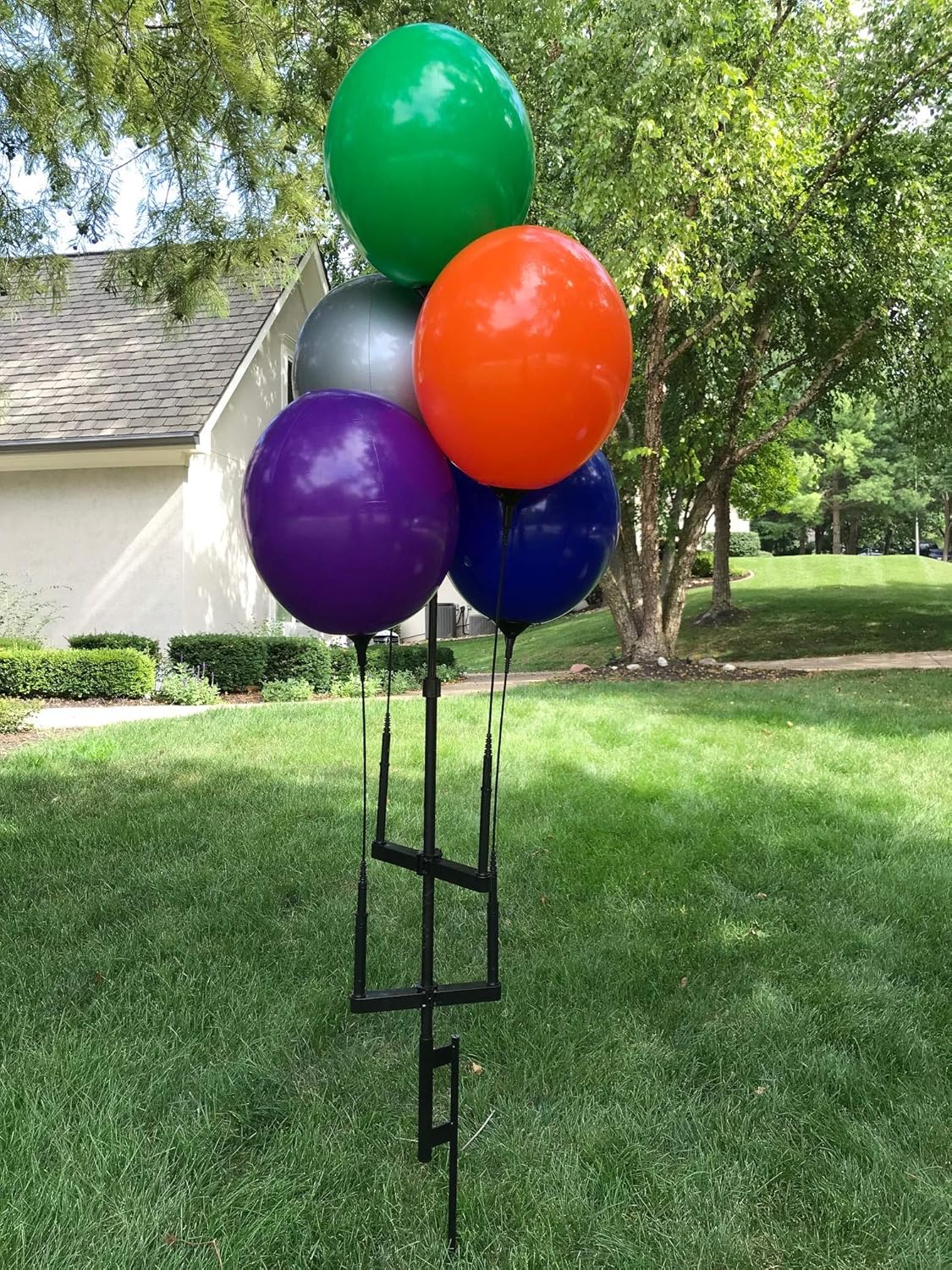 Reusable Balloon Cluster Kit with Ground Spike - Multi Color Balloons - No Helium - Weatherproof Balloons - 5 Durable Balloons and Pole Kit Included