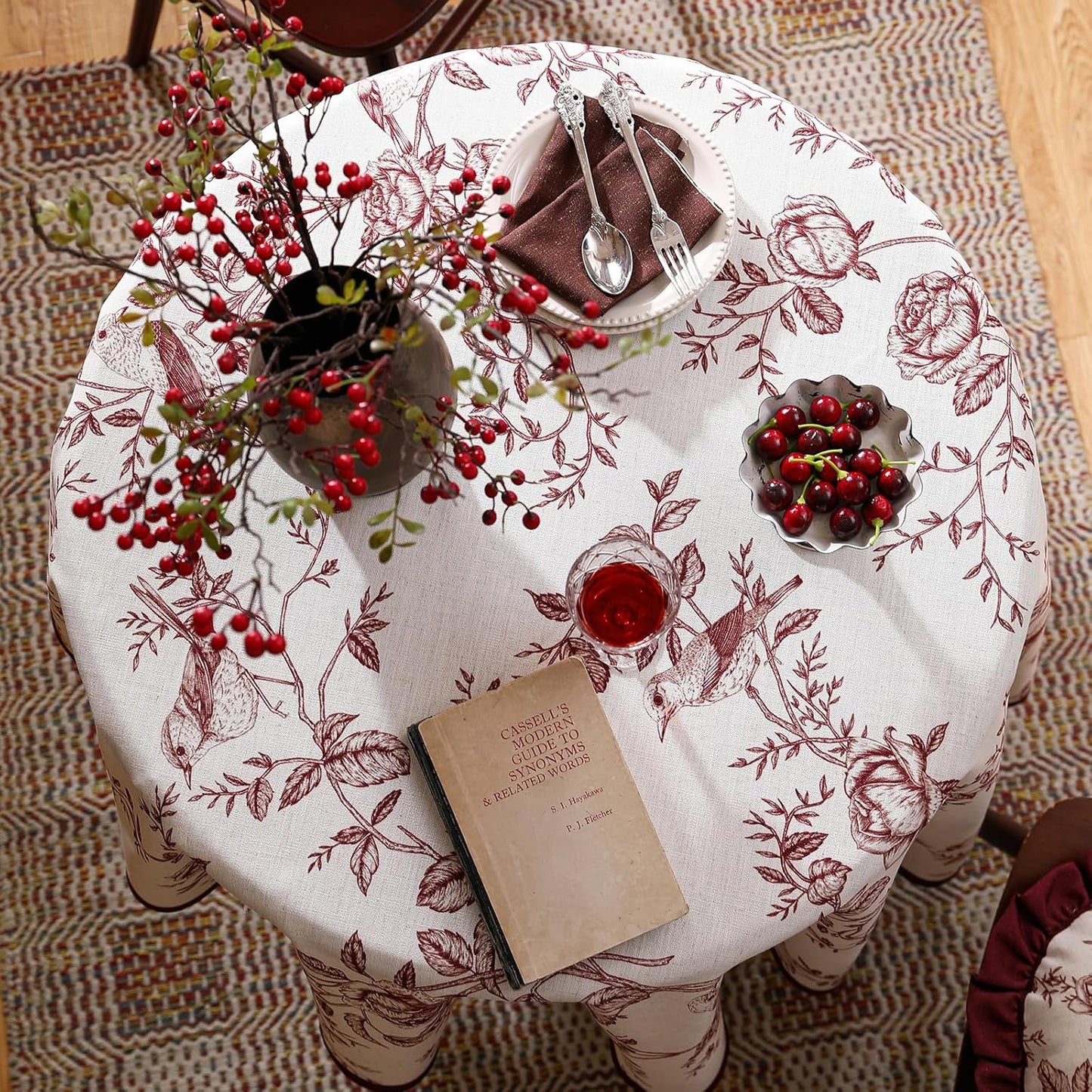 ISAENNE Designer Vintage Linen Small Round Tablecloth,Red Floral Pattern Linen Stain Resistant Table Cloth,Decor Tablecloths for Dining Thanksgiving Kitchen Tea Party,Diameter 55"-Harmony