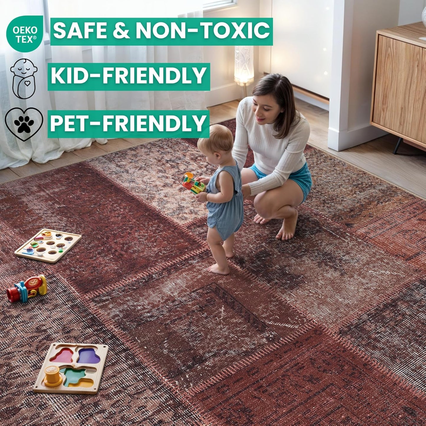 Bloom Rugs Washable Non-Slip 5' x 7' Rug - Red/Brown Traditional Patchwork Area Rug for Living Room, Bedroom, Dining Room, and Kitchen - Exact Size: 5' x 7'