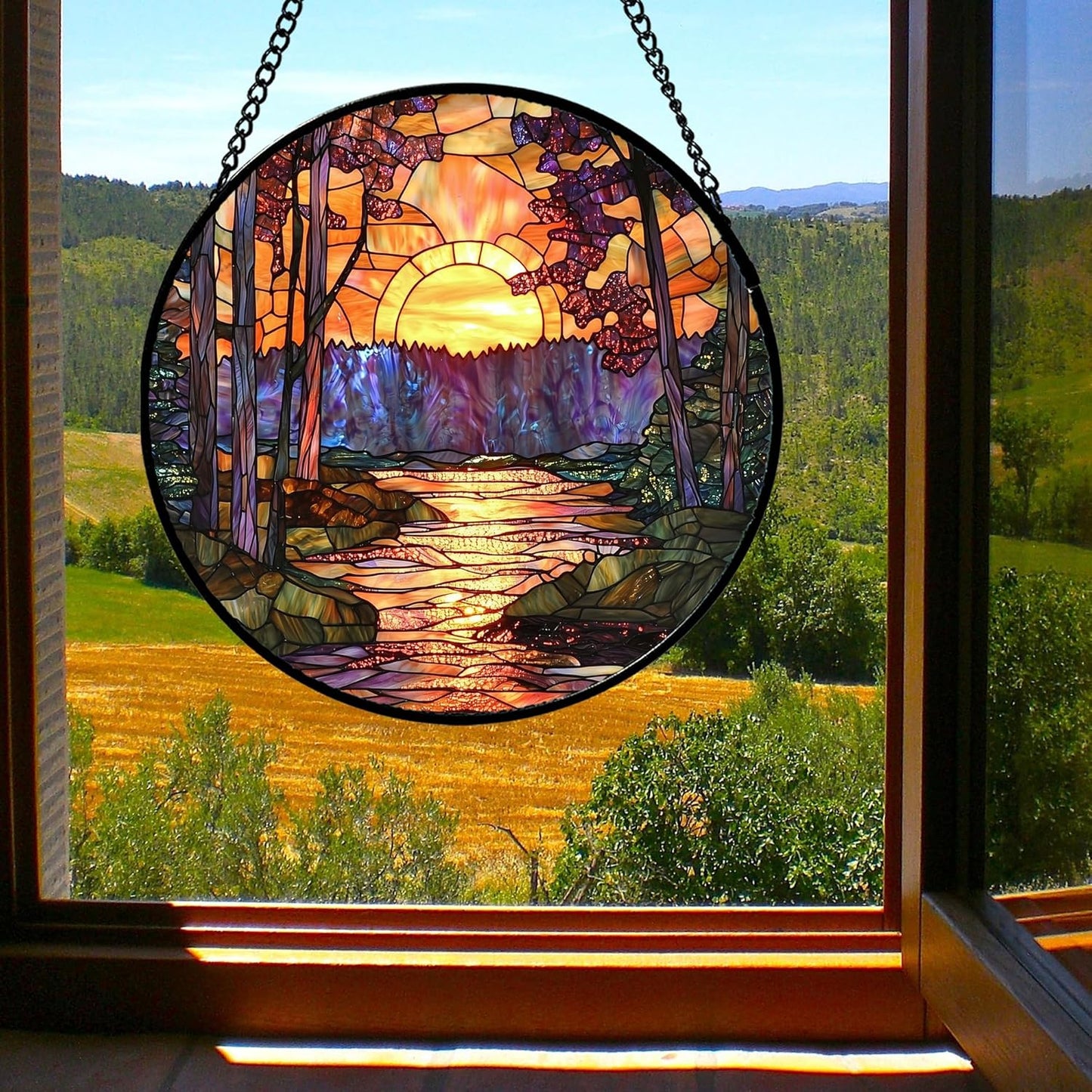 Stained Glass Window Hanging, Orange Landscape Green Purple Lake Forest Suncatcher for Doors Window Home Sun Catchers Decor Mother's Day Birthday Gifts for Women Men Mom 7.8 in