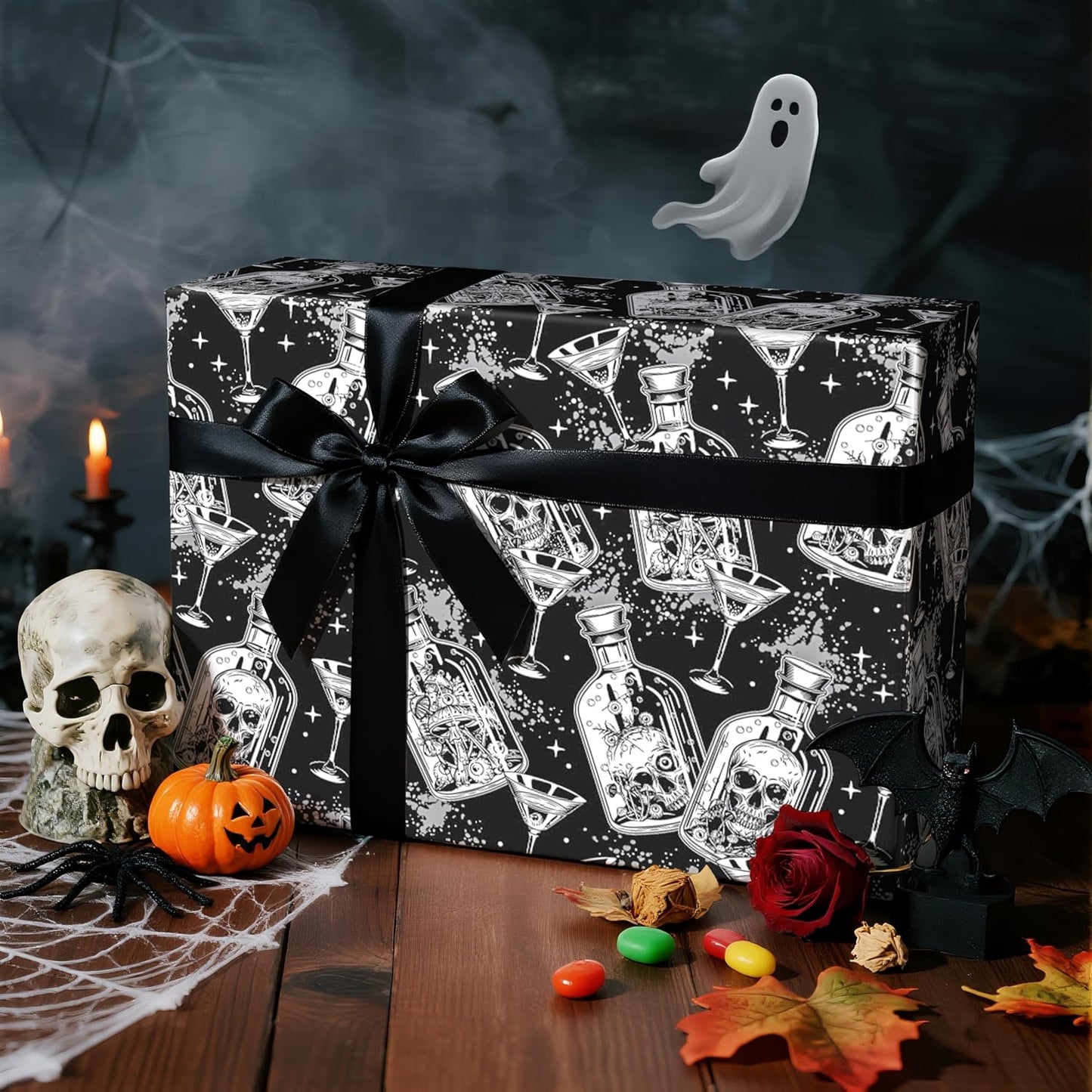 LeZakaa Halloween Wrapping Paper Roll, Gothic Skull-in-Bottle and Eye Cocktail Glass in Black, Spooky Gift Wrap for Horror Lovers, Goth Style Party, Trick or Treat, Mini Roll 17 In x 16.4 Feet