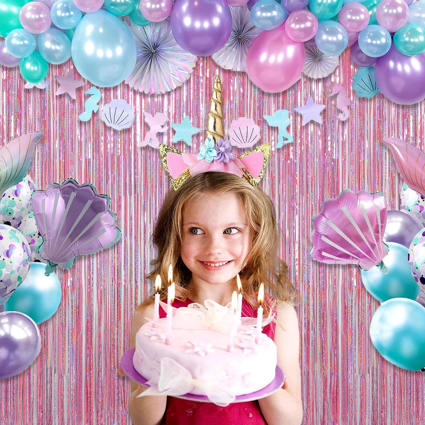 Melsan Pink Tinsel Curtains Backdrop, 3.2 ft x 8.2 ft Sparkle Metallic Foil Curtains for Unicorn Mermaid Princess Party Photo Background Decoration, 2 Pack