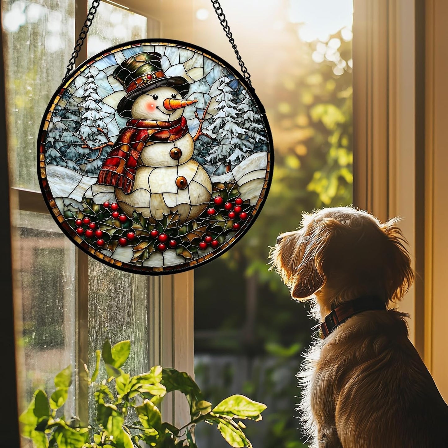 Stained Glass Window Hanging - Christmas Snowman Suncatcher for Door Terrace Garden Home Decor Winter Forest Snow Sun Catcher Birthday Gifts for Lovers Women Men Dad Mom Nana 9.8 in