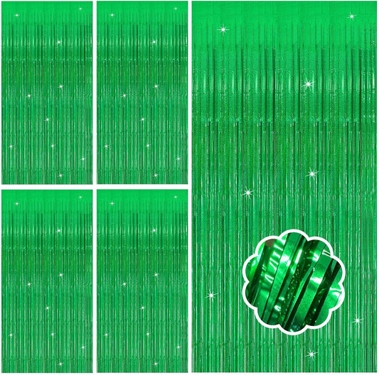 5 Pack Green Streamers Backdrop Metallic Foil Fringe Tinsel Curtains for Birthday Dinosaur Animal St Patrick's Day Football Christmas Jungle Theme Party Decorations