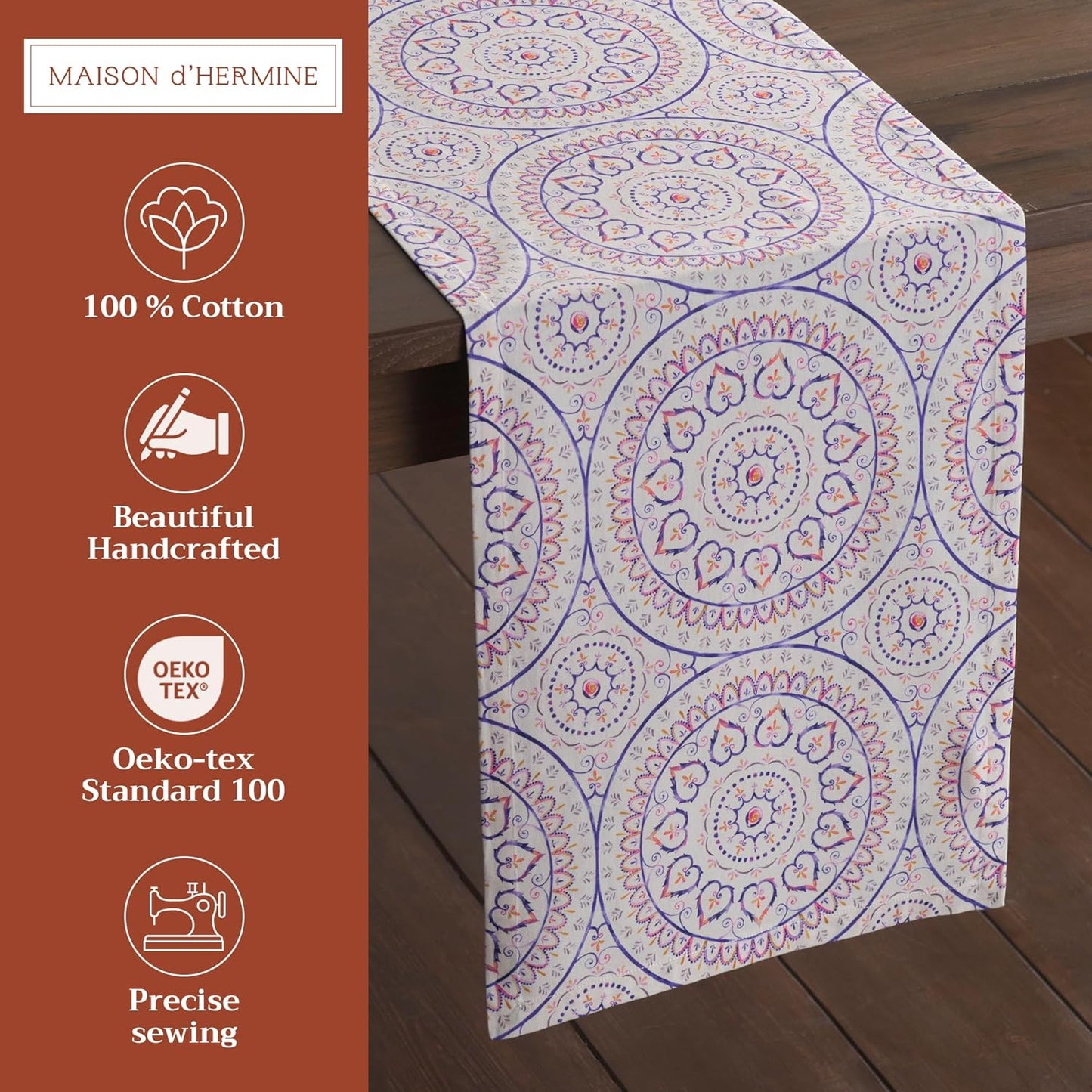 Maison d' Hermine Table Runner 100% Cotton Single Layer Table Runners 108 inches Long Decorative for Home Kitchen Dining Party Baby Shower Wedding Bridal Shower Spring Summer (Mandala, 14.50" x 108")