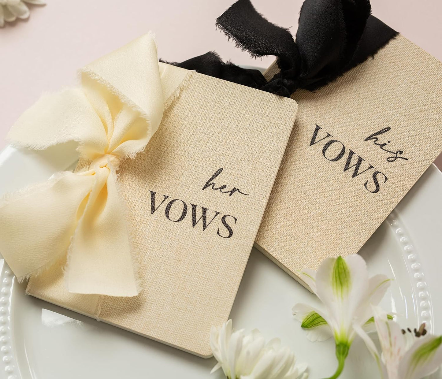 Slim Vow Books with Ribbons (Set of 2 - Design 1) - 5.75" x 4" Soft Cream Canvas Linen Textured Cover Wedding Vow Booklets, Ceremony Speech Note Journal, Gift for Newly Engaged Couple, 48 Lined Pages