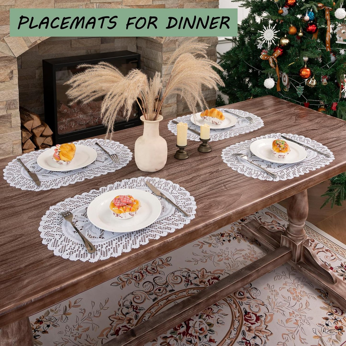 2PCS Oval Lace Placemats for Dining Table, White Lace Placemats Doilies, Embroidered Table Mats Farmhouse Cup Mat Vase Mat, 12x17 Inch