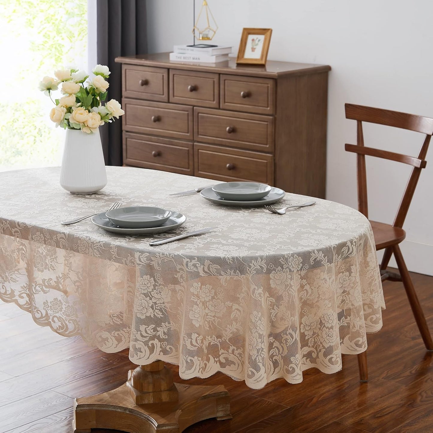 LinenZone Linen Oval Tablecloth for Rustic Vintage Decor - Sheer Lace Works Great as Wedding, Thanksgiving or Christmas Tablecloth (Mia Oval 84, Linen)