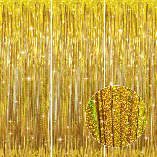 GOER 3.2 ft x 8.2 ft Metallic Tinsel Foil Fringe Curtains Party Photo Backdrop Party Streamers for Birthday,Graduation,New Year Eve Decorations Wedding Decor (3, Shiny Gold)