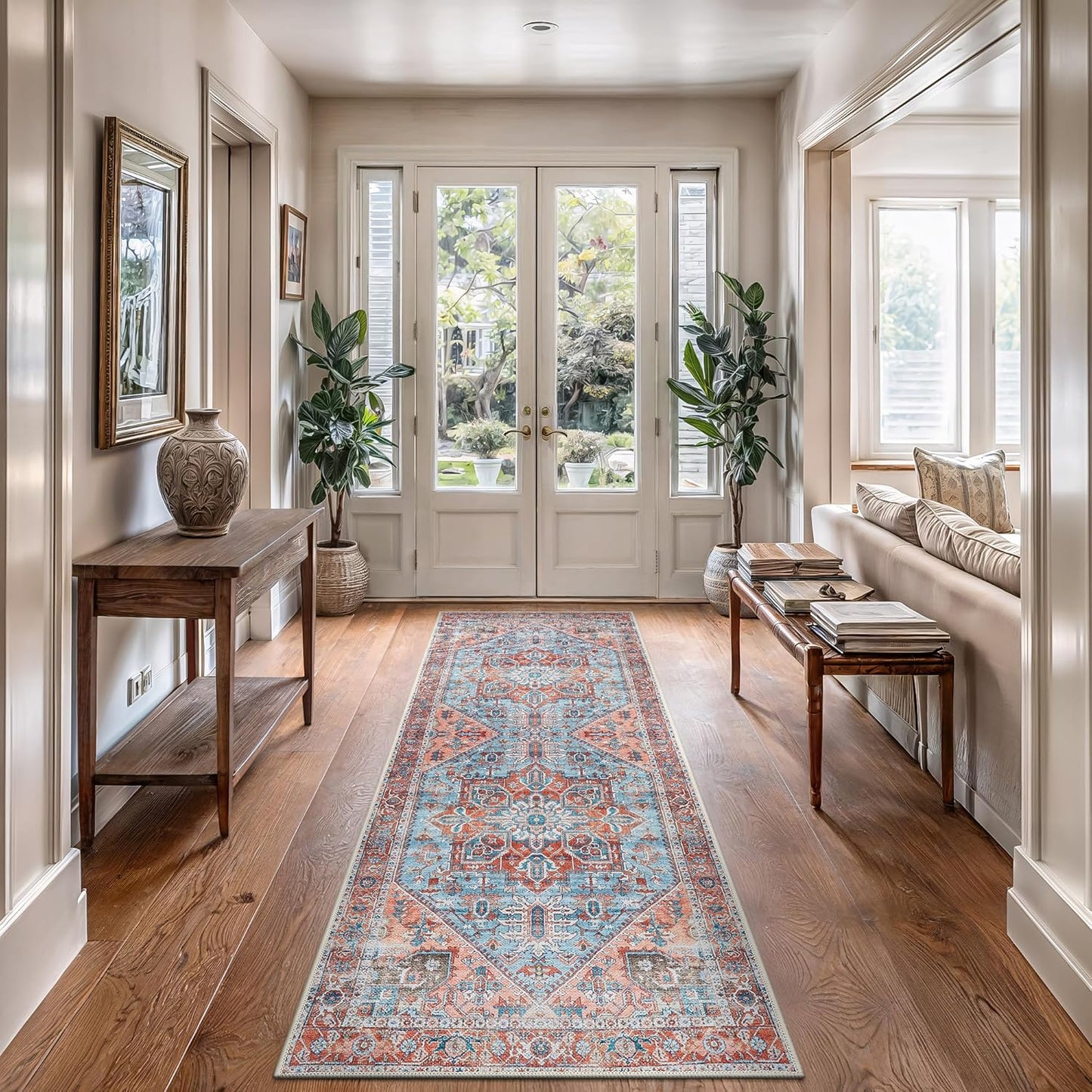 Bloom Rugs Washable Non-Slip 12 ft Runner - Coral/Sky Blue Traditional Medallion Runner for Entryway, Hallway, Bathroom, and Kitchen - Exact Size: 2.5' x 12'