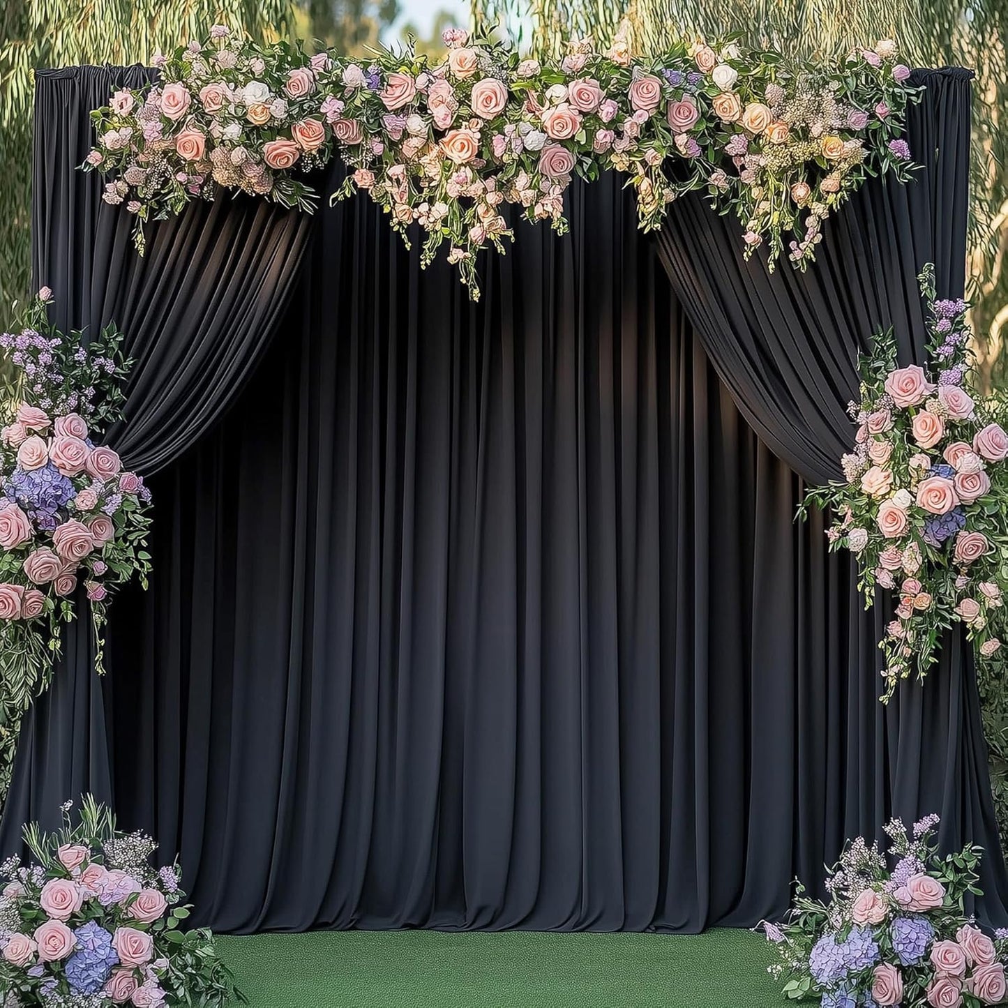 30ftx14FT Wrinkle Free Black Backdrop Curtain, 6 Panels 14FT Height Black Wedding Backdrop Drapes, Silky Polyester Back Drop Cloth for Birthday Photography Background Party Backdrop Draping