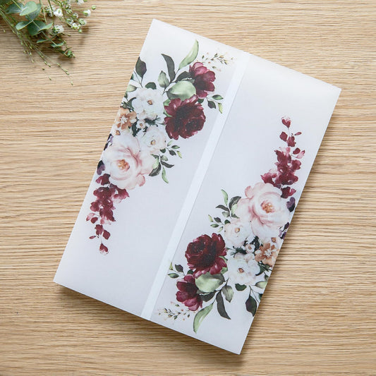 PONATIA 50 PCS Vellum Jackets for 5x7 Invitations- 135gsm Burgundy Floral Printed Vellum Sleeves, Quinceanera Wedding Invitation Cards Wraps