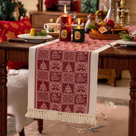 Table Runners 48 Inches,Christmas Tree Table Runner with Tassel Fringe, Gift Table Runner for Party，Coffee Table, Festival