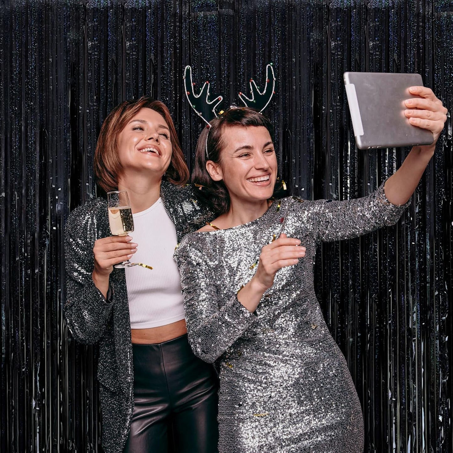 2 Pack Black Foil Fringe Curtain Backdrop Black Streamers Tinsel Backdrop Halloween Party Decor Birthday Wednesday Graduation Wizard Party Decorations for Men