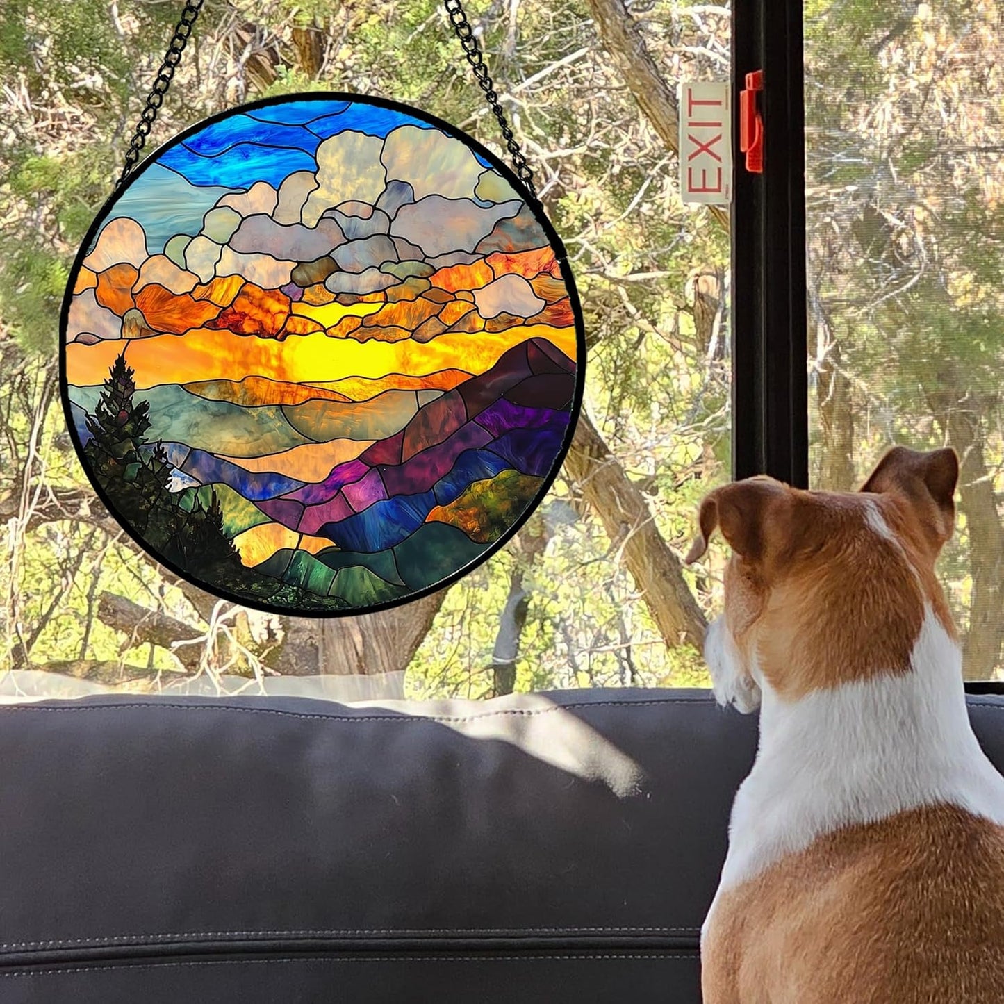 Stained Glass Window Hanging, Abstract Clouds Mountains Landscape Suncatcher for Doors Window Home Sun Catchers Decor Mother's Day Birthday Gifts for Women, Men Mom 9.8 in