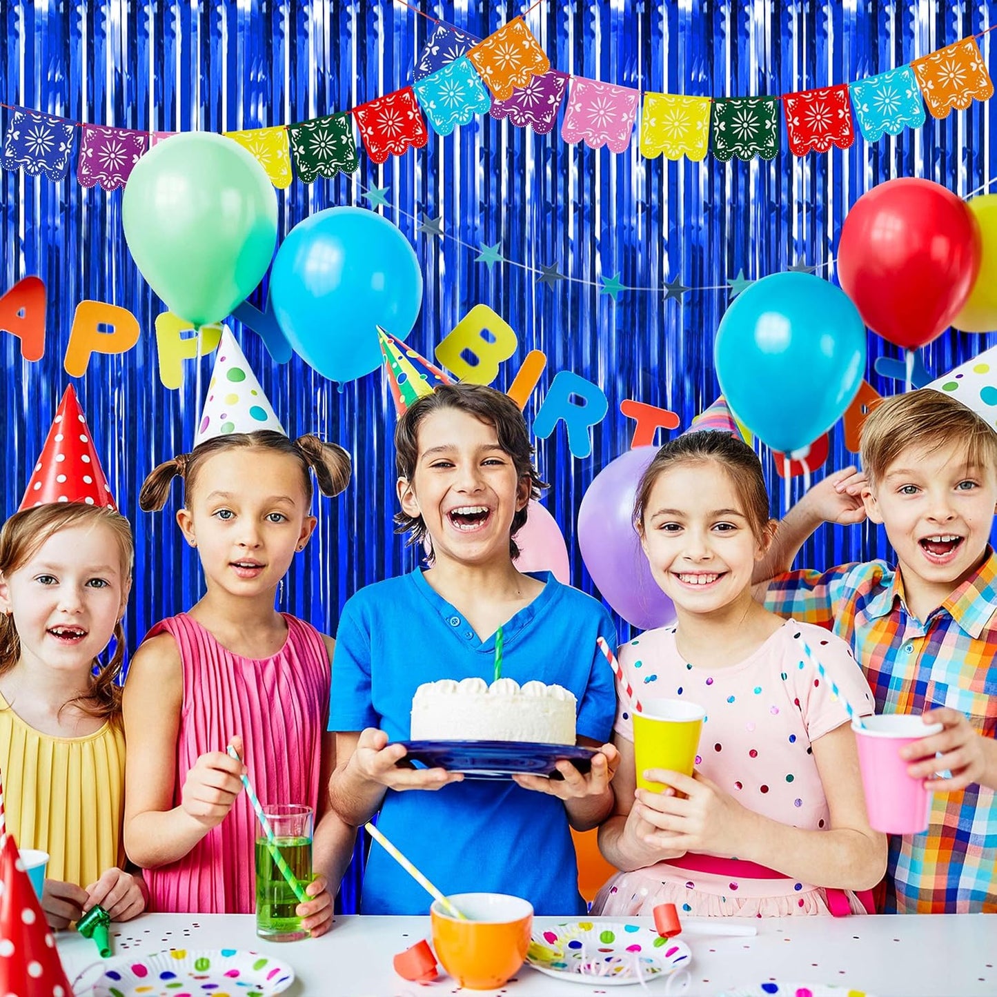 BTSD-home Blue Foil Fringe Curtain, Metallic Photo Booth Backdrop Tinsel Door Curtains for Wedding Birthday Bridal Shower Baby Shower Bachelorette Christmas Party Decorations(4 Pack, 8ft x 3ft)