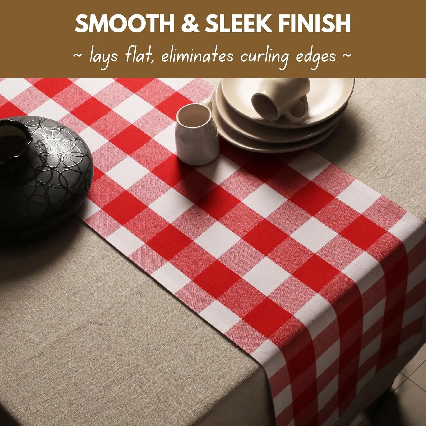 Native Fab Table Runner Buffalo Check Plaid 100% Cotton - 13x90 Inches Kitchen Dining Table Decoration for Indoor Outdoor Farmhouse Home Party Decor - Red and White