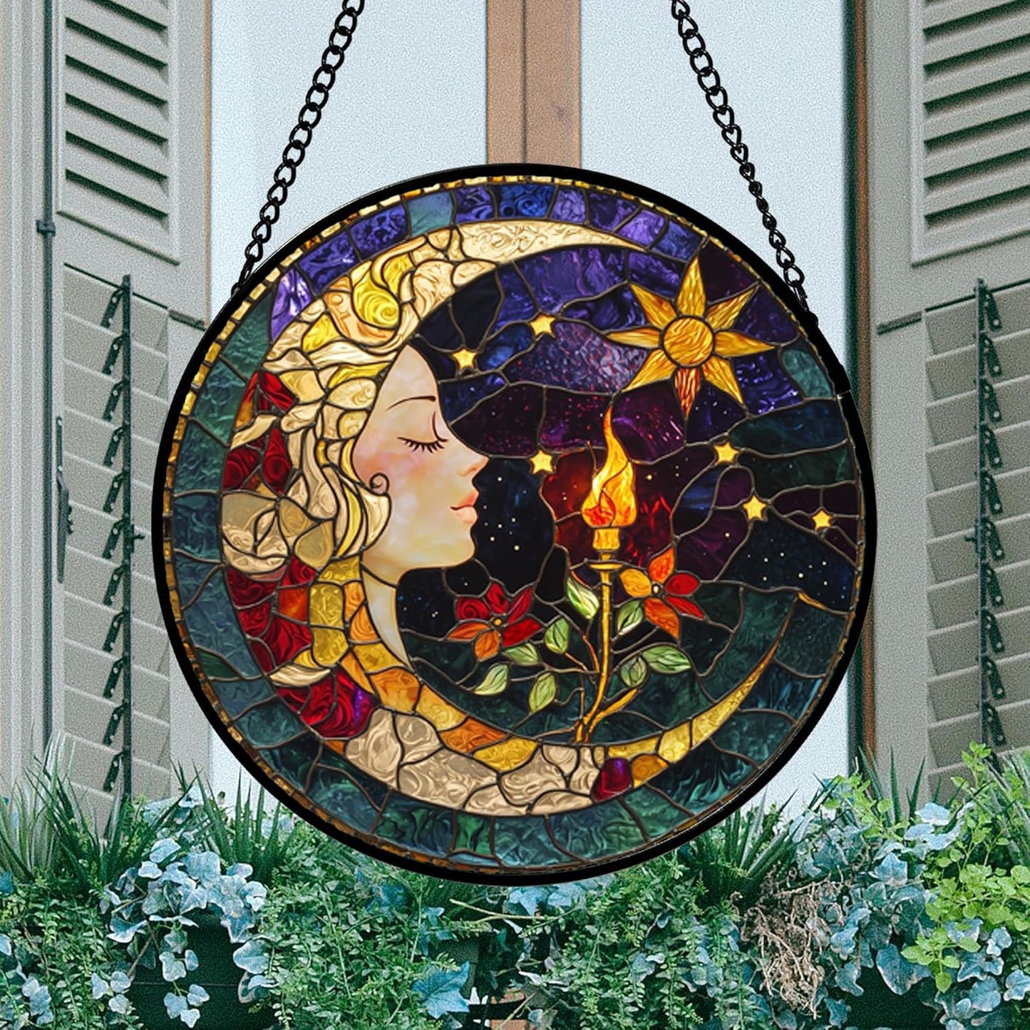 Stained Glass Window Hanging, Moon Goddess Torch Suncatcher Diamond Glass Panel Hangings Dream Sun Catchers Decor for Birthday for Women, Men, Wife, Aunt, and Mom 14.9x14.9 in