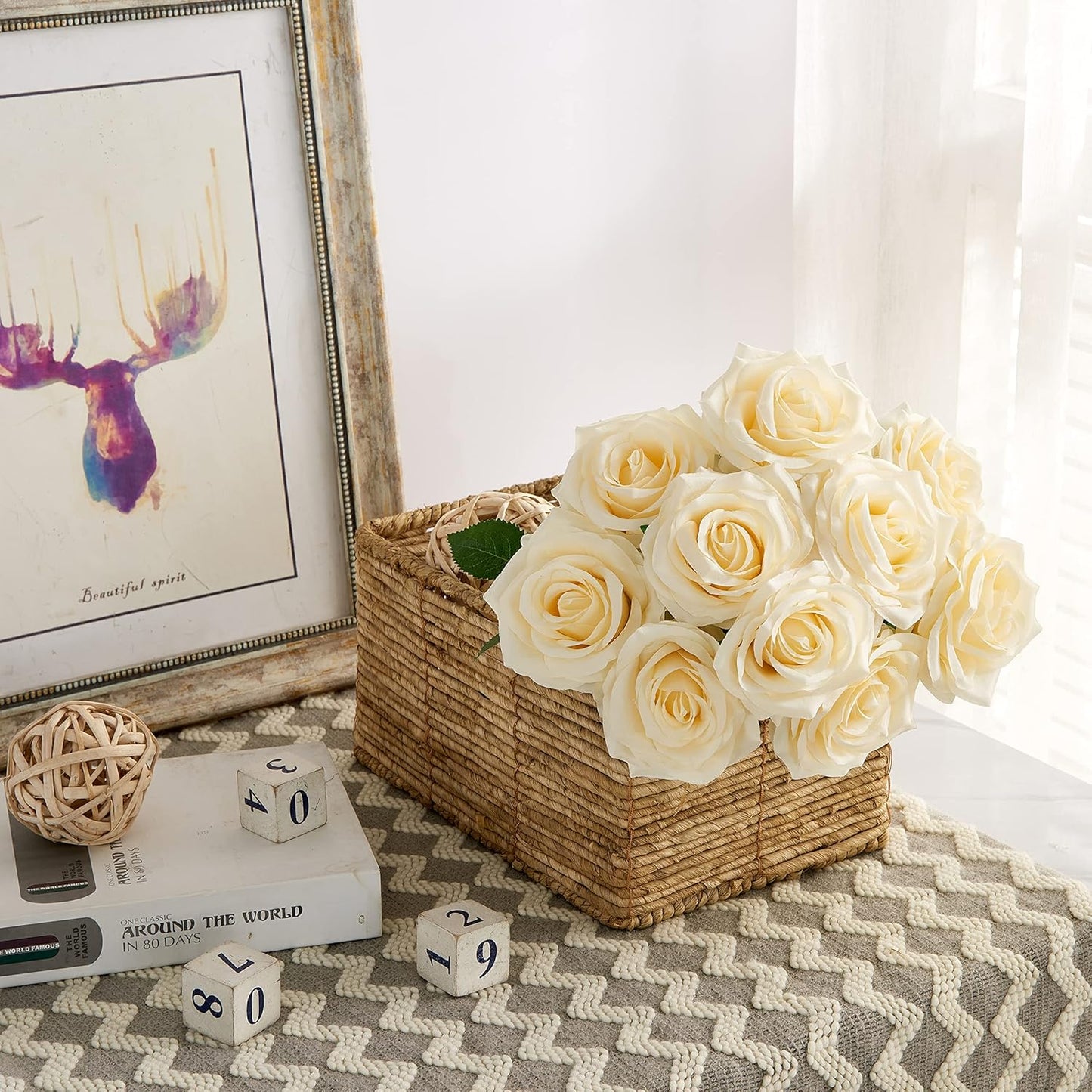 Artificial Rose 10pcs Open Flower Bouquet Faux Rose Stems for Wedding Arrangement, Bridal Bouquet, Centerpiece, Fake Faux Silk Flowers (Ivory)