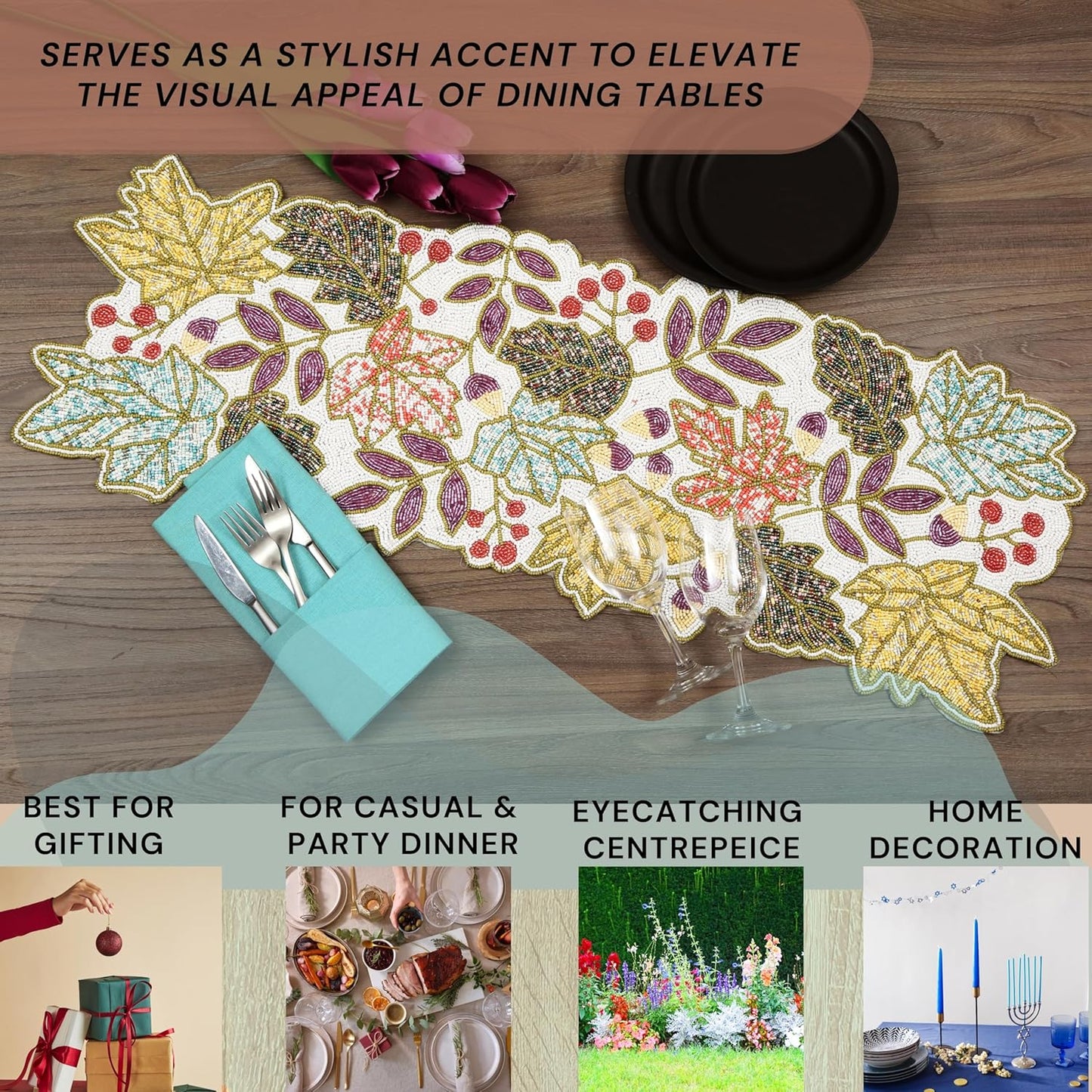 36" Hand Beaded Decorative Farmhouse Glitz Table Runner for Tabletop, Wedding, Thanksgiving, Easter Party Decorations - A Beautiful Complement to Your Dinner Table Décor (Multi) - CLEENTABLE