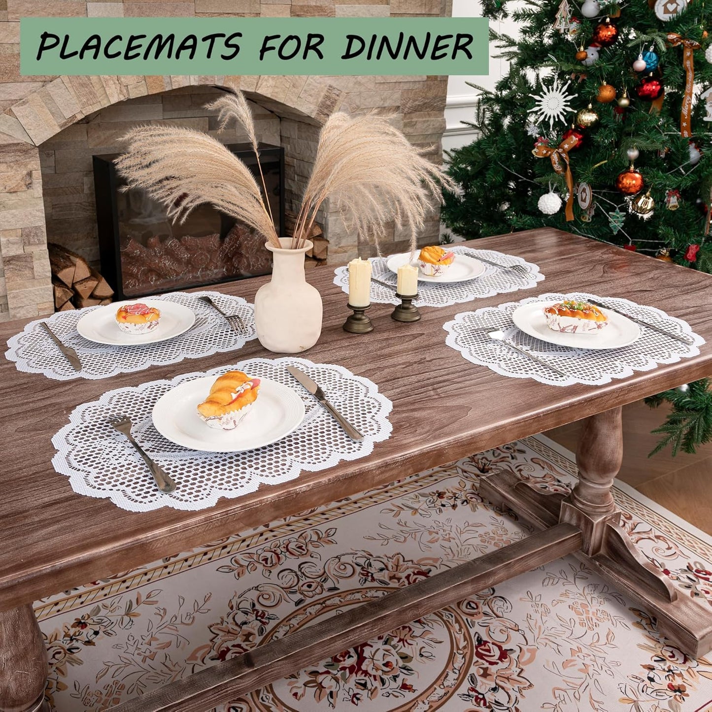 2PCS Oval Lace Placemats for Dining Table, White Lace Placemats Doilies, Embroidered Table Mats Farmhouse Cup Mat Vase Mat, 12x17 Inch