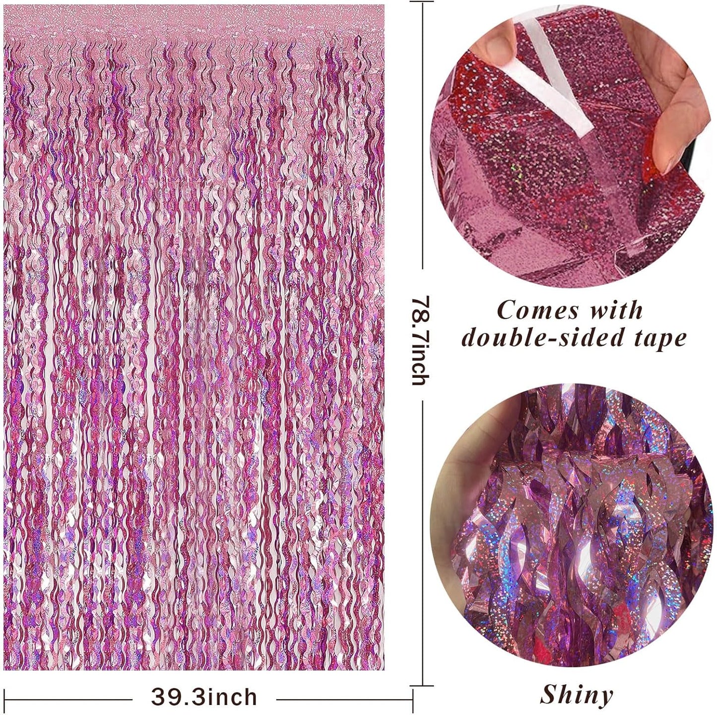 Pink Tinsel Foil Fringe Curtains Wavy Backdrop for Parties Sparkle Metallic Wavy Foil Fringe Backdrop Curtain for Party Decorations Photo Booth Props for Birthday Graduation Wedding