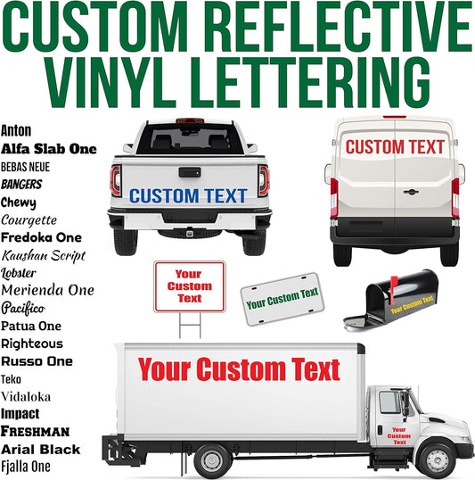 Custom Reflective Vinyl Lettering Decal Sticker Design, Personalize for Car Van Truck Trailer Window Glass & More | Engineering Grade, Meets or exceeds Federal Specifications