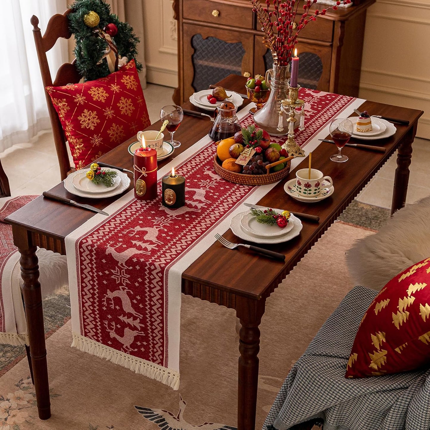 Table Runners 138 Inches,Elk Table Runner with Tassel Fringe,Christmas Table Runner for Party，Coffee Table, Festival