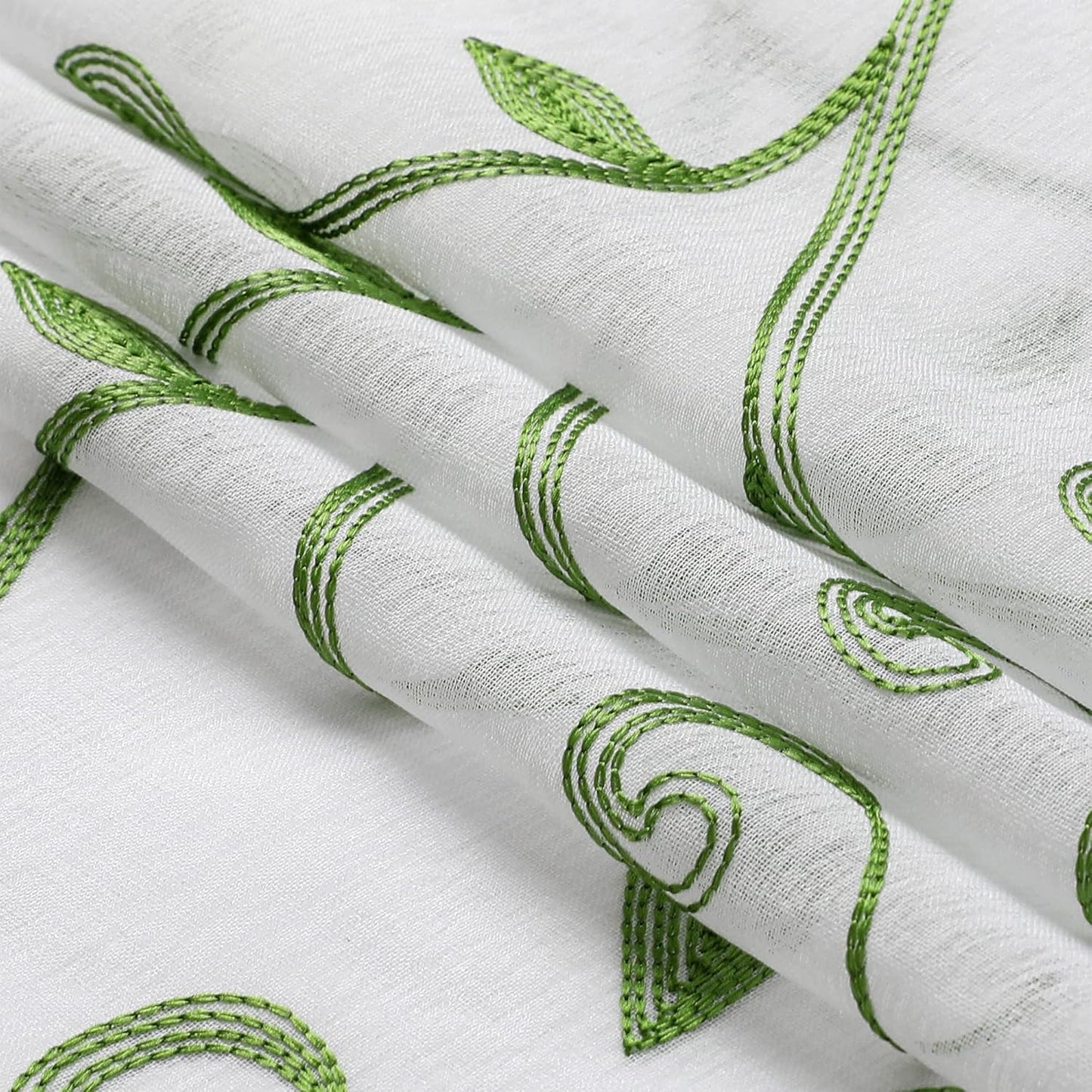 VISIONTEX Embroidered Green Sheer Voile Curtains, Leaves Embroidery Faux Linen Rod Pocket Window Drapes for Living Room and Girls Bedroom 54 x 95 Inch, Set of 2 Curtain Panels