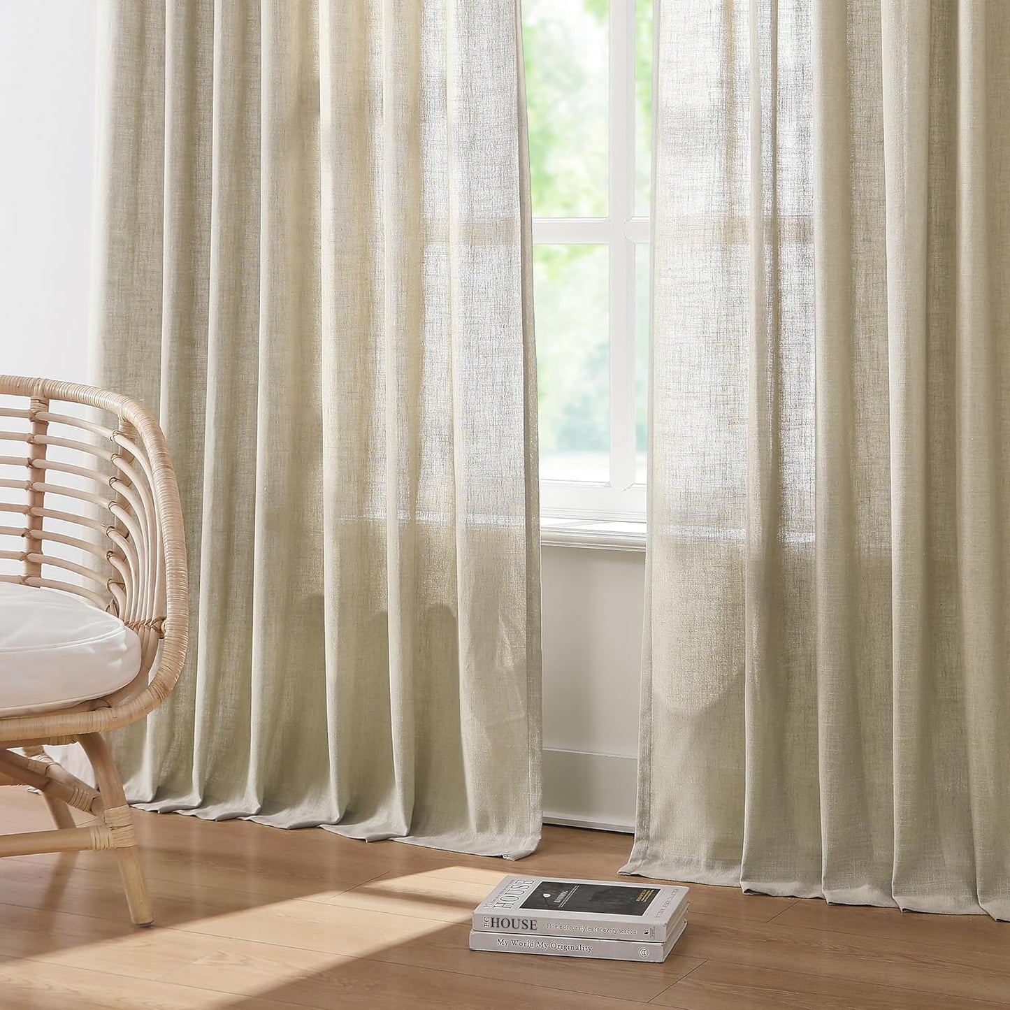 Vision Home Sand Pinch Pleated Semi Sheer Curtains Textured Linen Blended Light Filtering Window Curtains 112 inch for Living Room Bedroom Patio Pinch Pleat Drapes with Hooks 1 Panel 84" Wx112 L