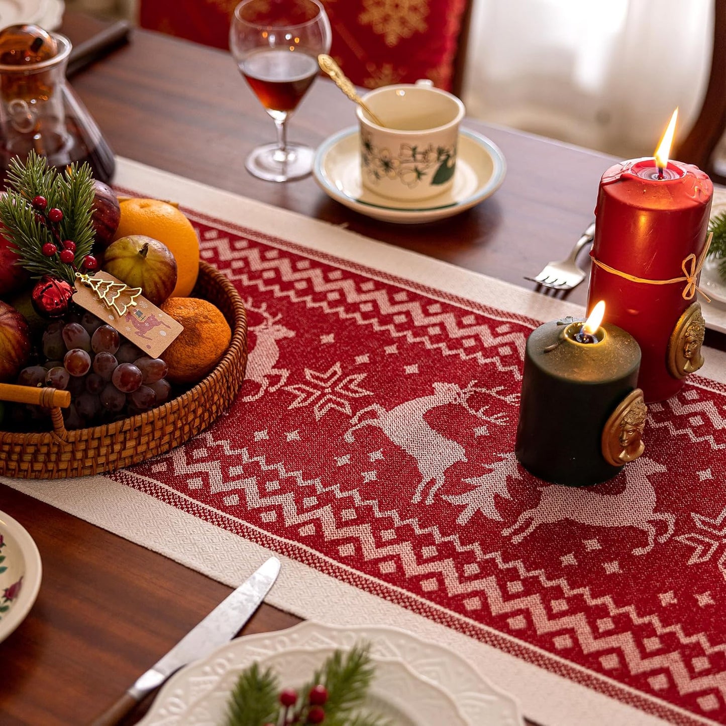 Table Runners 72 Inches,Elk Table Runner with Tassel Fringe,Christmas Table Runner for Party，Coffee Table, Festival