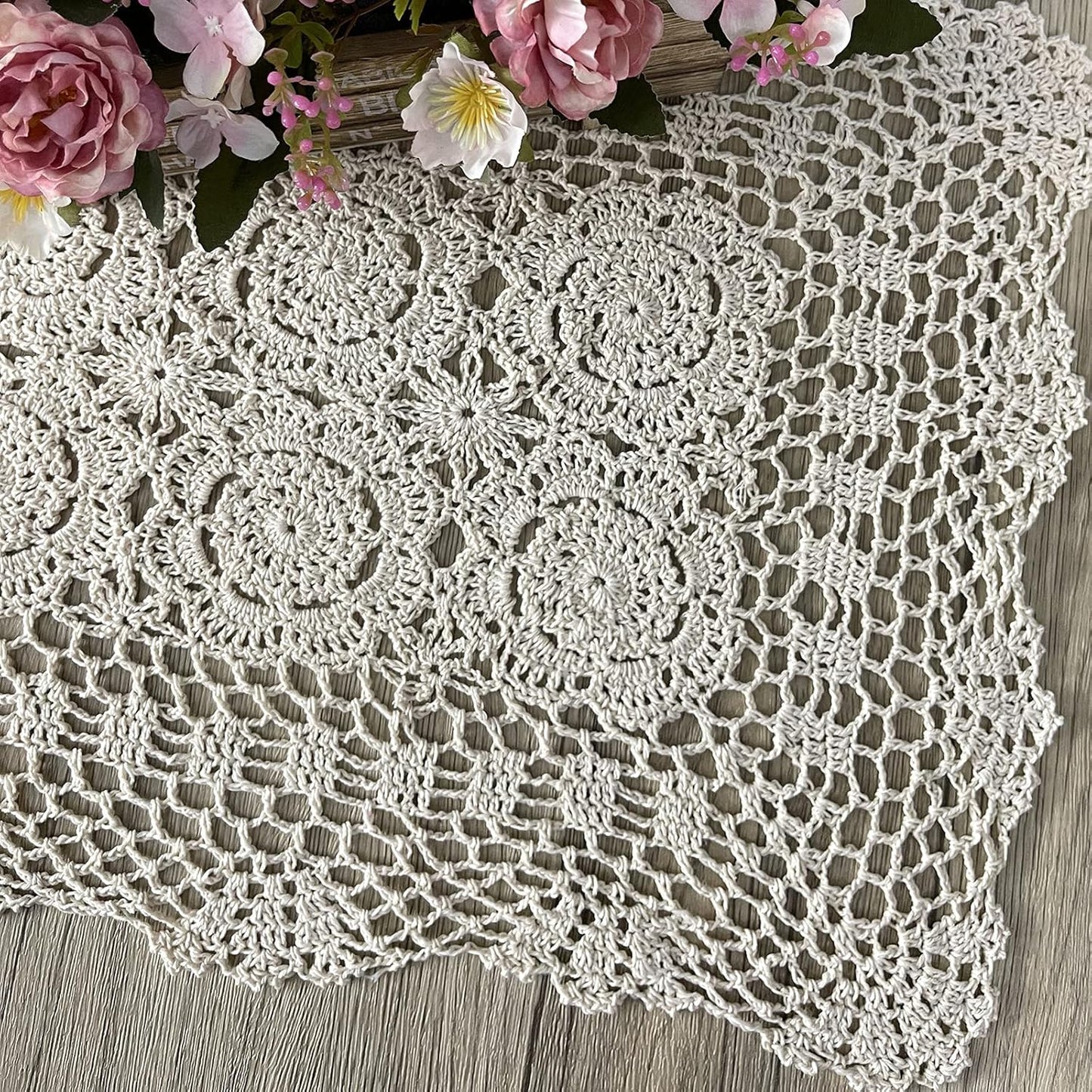 Phantomon Lace Table Runner Rectangular Table Cover Cloth Handmade Crochet Floral Placemats 100% Cotton (Floral Beige, 15x28Inch)