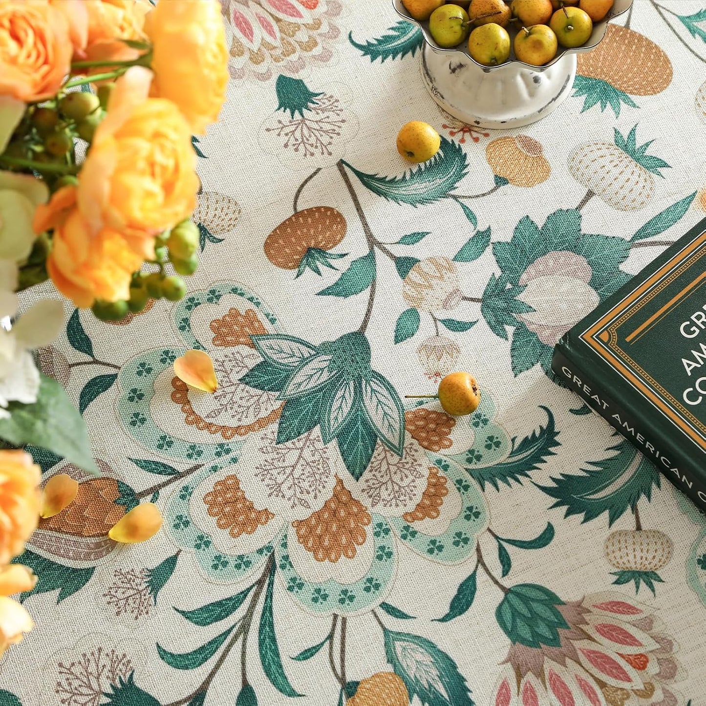 patdrea Designer Linen Green Small Cloth for Rectangle Table,Vintage Italian Floral Country Linen Tablecloth,Decor Cover for Kitchen Dining,Christmas,Thanksgiving,Tea Party,55"x71"-Tree Life