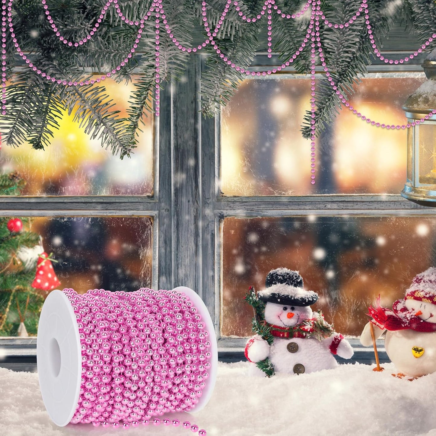 100 FT Pink Christmas Tree Beads Garland, Plastic Xmas Tree Beads Trim Chain Roll for Home, DIY Fireplace Holiday Decor Hanging Ornaments