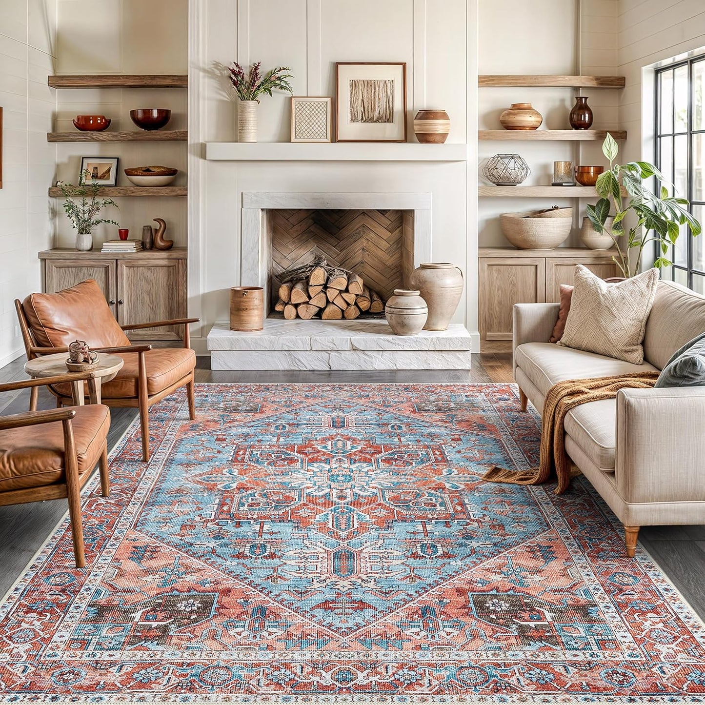 Bloom Rugs Washable Non-Slip 8' x 10' Rug - Coral/Sky Blue Traditional Medallion Area Rug for Living Room, Bedroom, Dining Room, and Kitchen - Exact Size: 8' x 10'