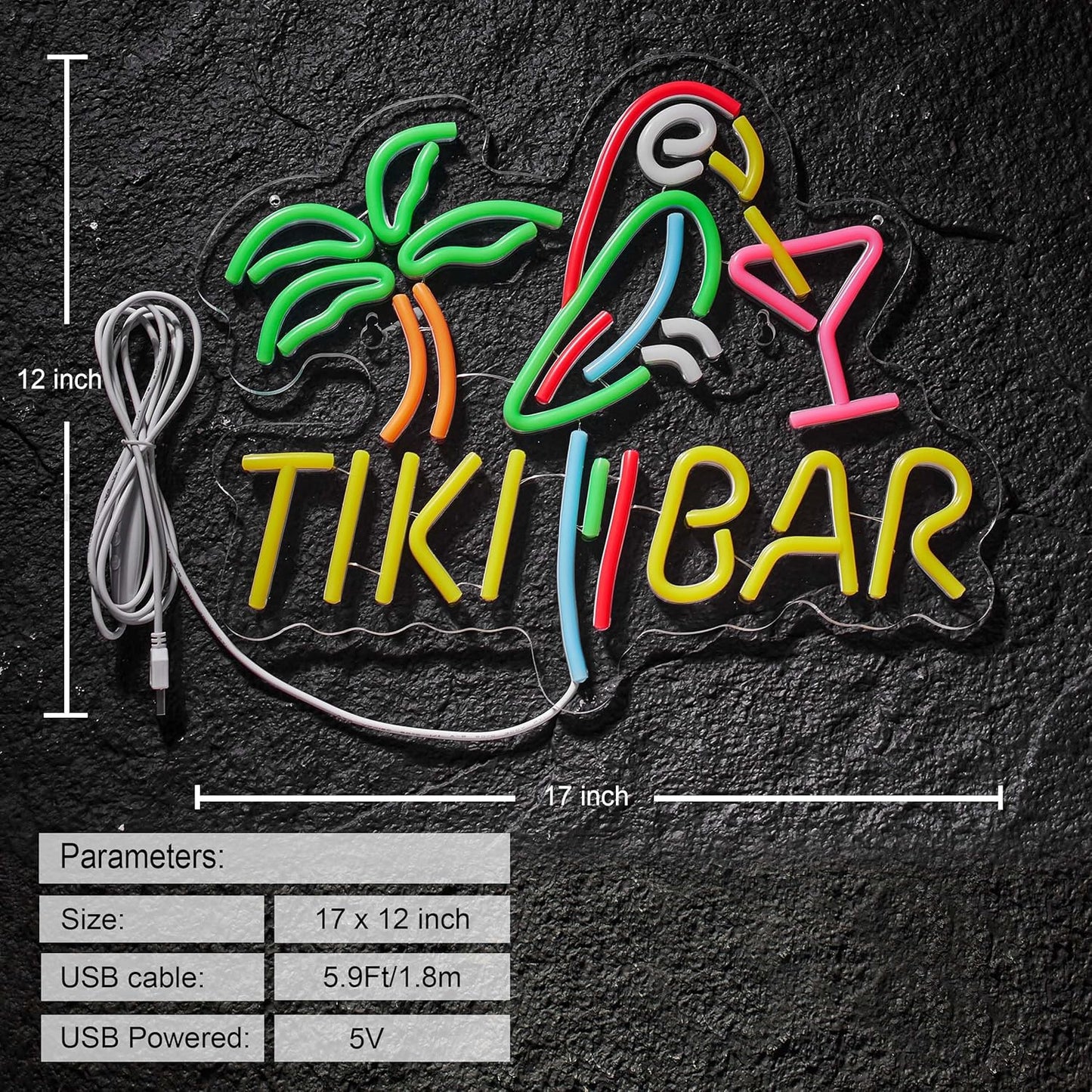 Tiki Bar Neon Sign for Wall Décor Dimmable LED Parrot Palm Tree Cocktails Signs for Beer Bar Art Man Cave Light Decor