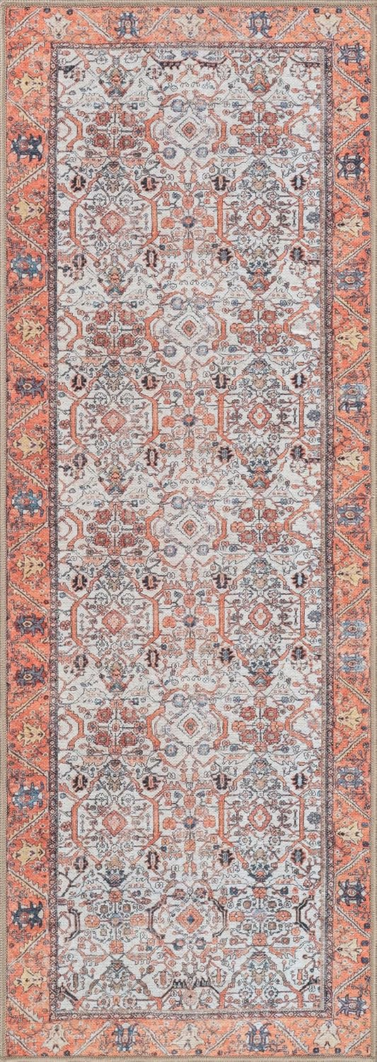 Bloom Rugs Washable Non-Slip 12 ft Runner - Orange Traditional Bordered Runner for Entryway, Hallway, Bathroom, and Kitchen - Exact Size: 2.5' x 12'