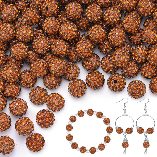 200pcs 10mm Brown Rhinestone Beads for Jewelry Making, Shiny Round Shamballa Disco Ball Beads Bulk, Sparkle Crystal Clay Christmas for Bracelet Baseball Necklace Earring Crafting and DIY