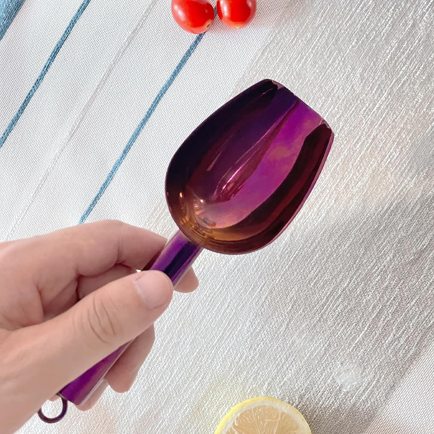 Metal Ice Scoop 3 Oz, Small Stainless Steel Ice scooper for Ice Maker Ice Bucket Kitchen Freezer Bar Party Wedding, Multipurpose for Coffee Bean,Flour Scoop,Dog Food Scoop (3 OZ-purple)
