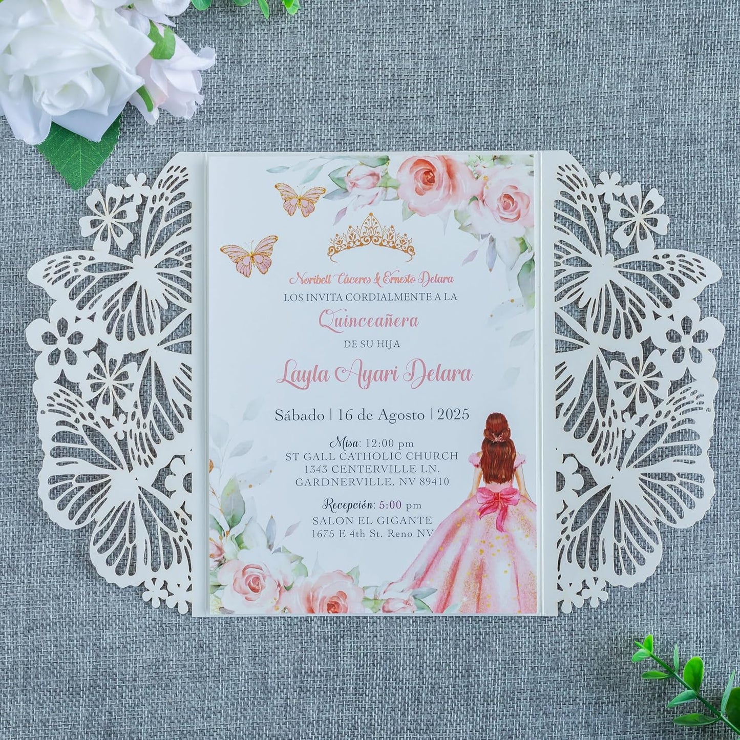 20 PCS 5.12x7.2 Butterfly Personalized Quinceanera Invitation, Customized XV Anos Laser Cut Invitation Cards with Envelopes (Rose Gold Personalized)