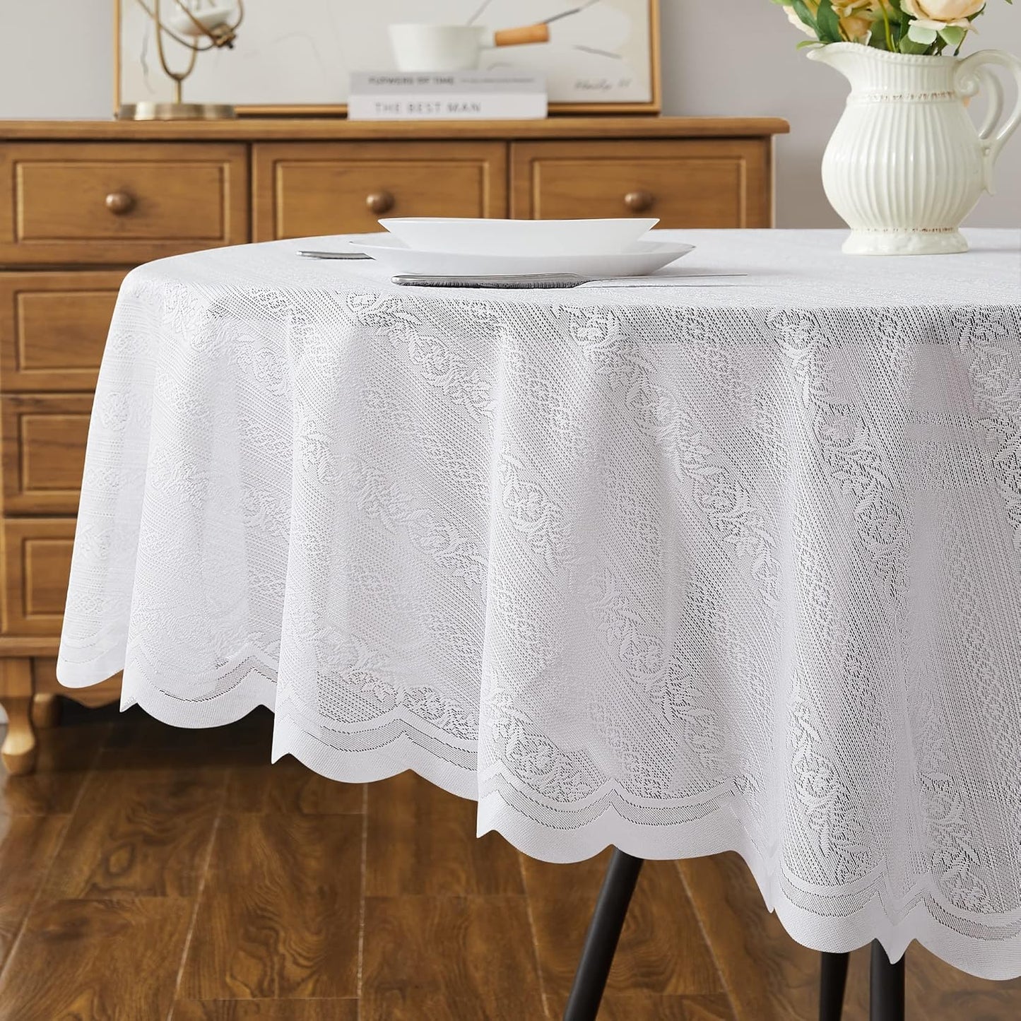 LinenZone Round Lace Tablecloth with Elegant Scalloped Bottom for Any Special Event Such as Wedding, Birthday Party, Baby Shower, Anniversary. Sits 4 to 6 People. (Linda 70 Round, White)