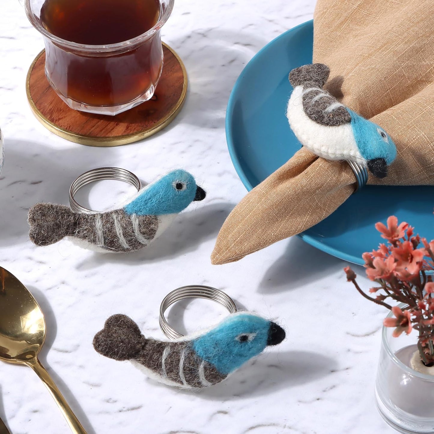 Wool Felt Napkin Ring Set of 8 - Bird Napkin Holder for Dining Table with Silver Electroplated Metal Base - Perfect for Spring, Holiday Parties, Rustic Event (White Blue Grey Black) - CLEENTABLE