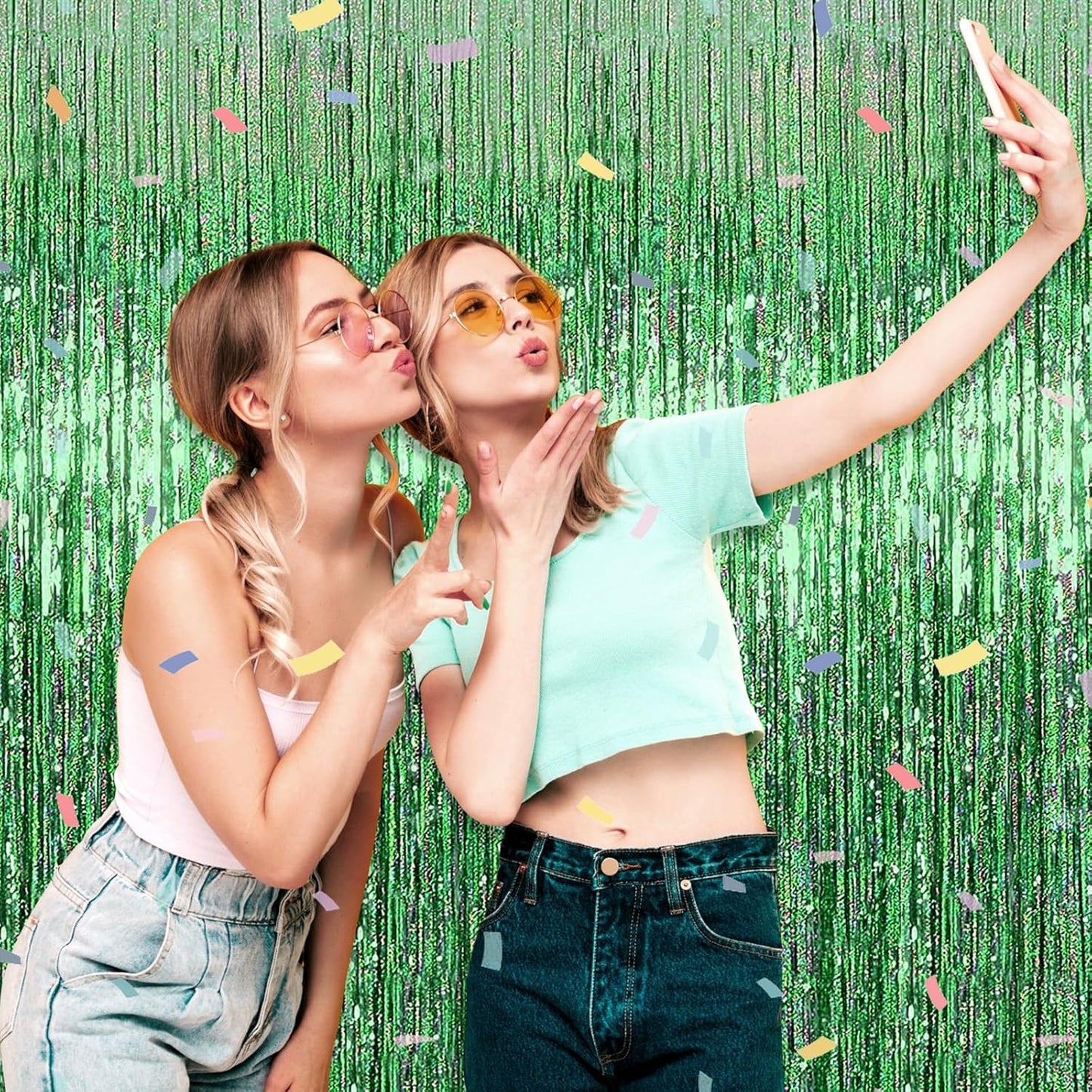 3 Pack Light Green Foil Fringe Curtain Backdrop, 3.28Ft x 8.2Ft Metallic Tinsel Foil Fringe Streamer Curtains for Photo Booth, Mother's Day, Easter, Birthday, Wedding Party Decorations