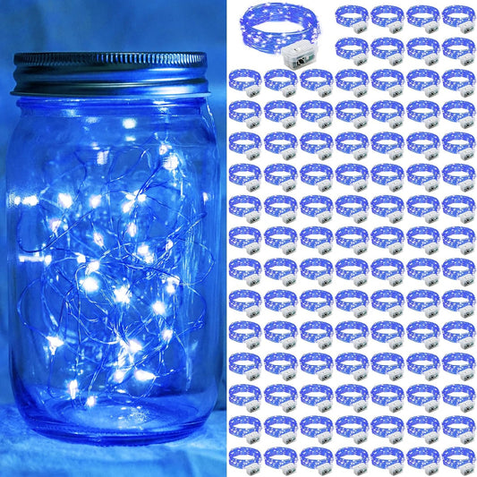 100 Pack Blue Fairy Lights 7Ft 20 LED Twinkle String Lights 3 Modes Battery Operated Waterproof Firefly Starry for Mason Jar Party Wedding Christmas Valentines Day Table Centerpieces