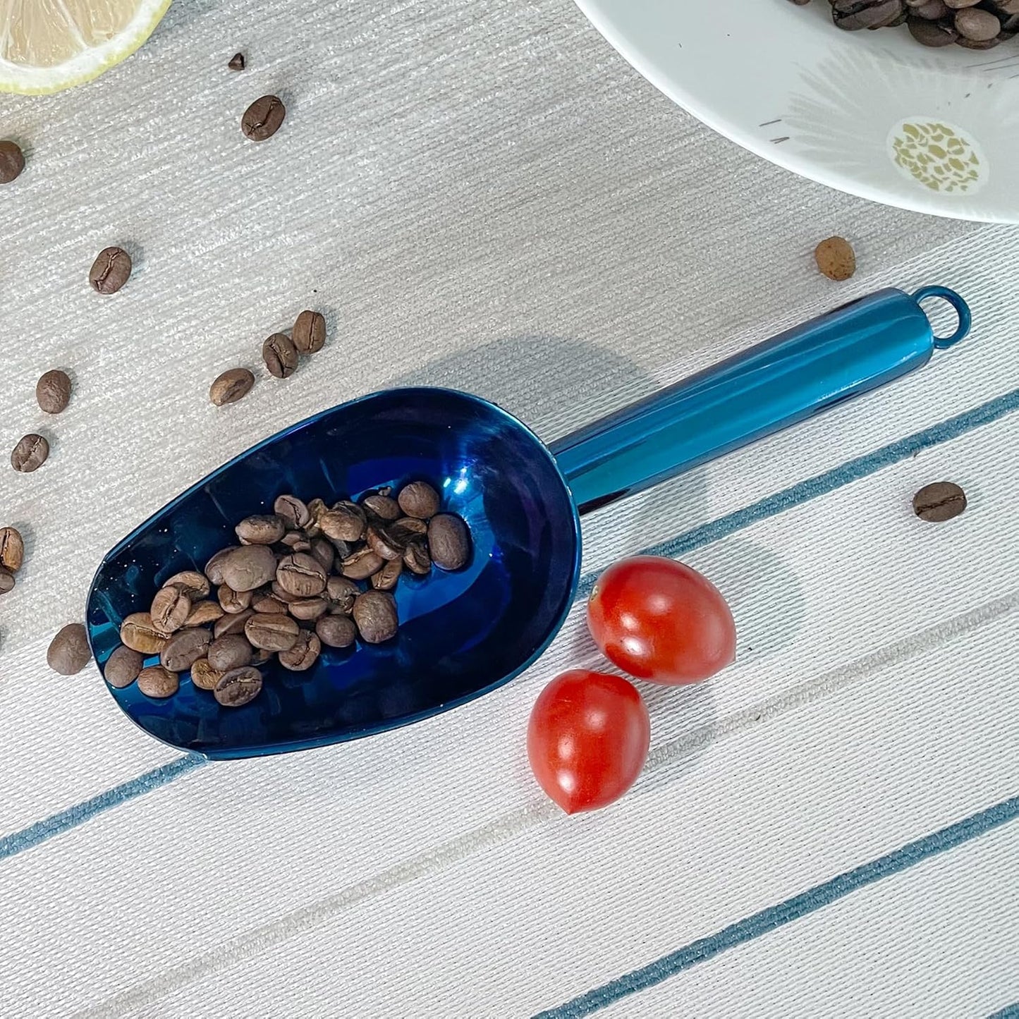 Metal Ice Scoop 3 Oz, Small Stainless Steel Ice scooper for Ice Maker Ice Bucket Kitchen Freezer Bar Party Wedding, Multipurpose for Coffee Bean,Flour Scoop,Dog Food Scoop (3 OZ-Blue)
