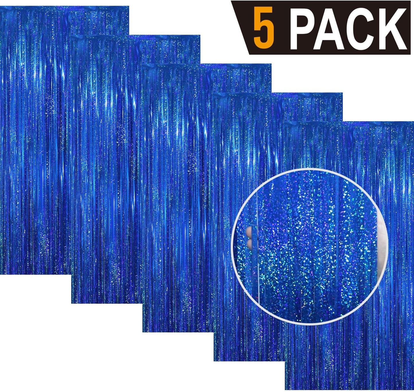 GOER 3.2 ft x 8.2 ft Metallic Tinsel Foil Fringe Curtains Party Photo Backdrop Party Streamers for Birthday,Graduation,New Year Eve Decorations Wedding Decor(5 Packs,Shiny Blue)