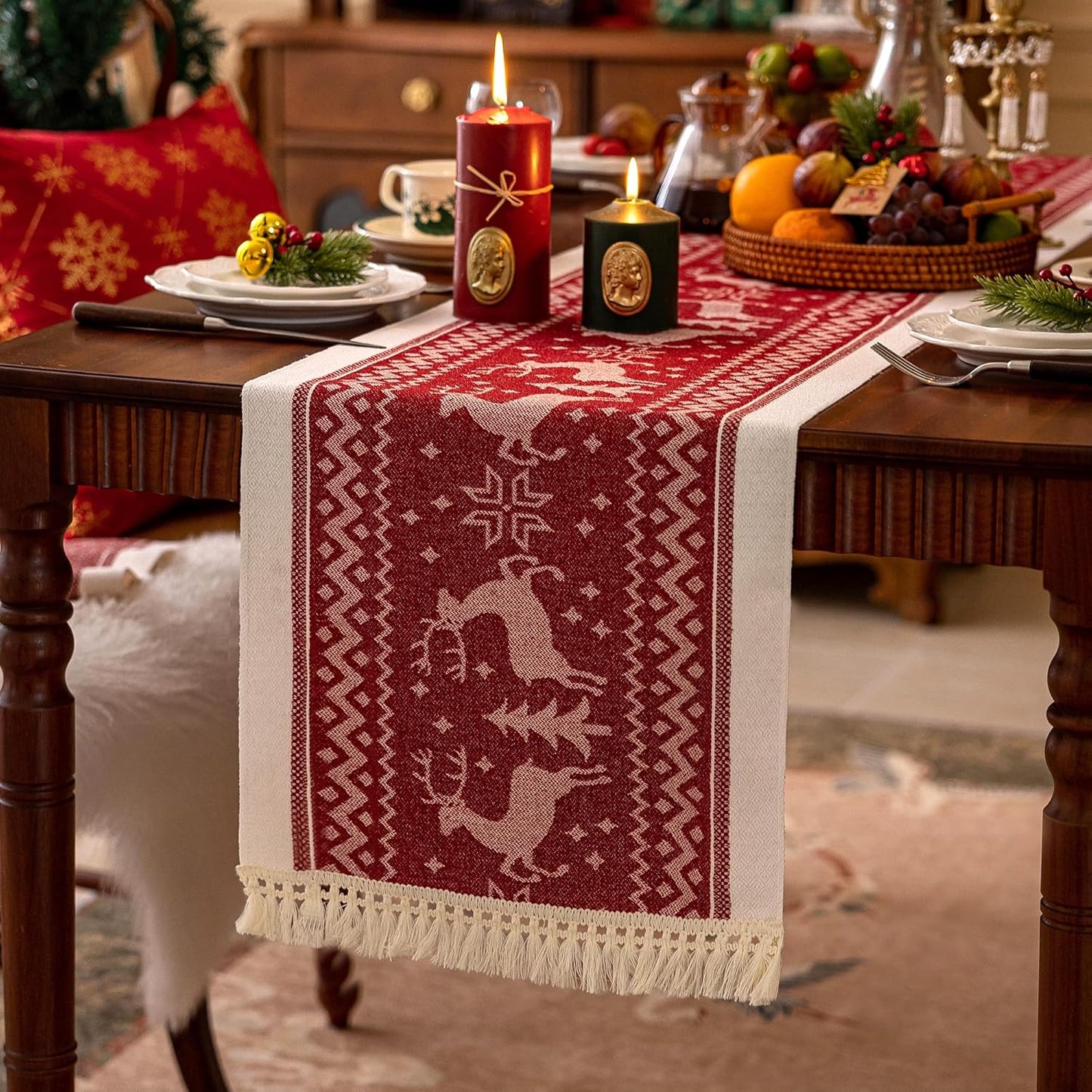 Table Runners 63 Inches,Elk Table Runner with Tassel Fringe,Christmas Table Runner for Party，Coffee Table, Festival