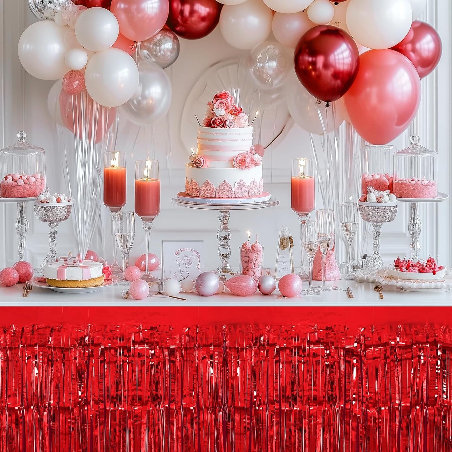 2 Pack Red Table Skirts, 29x108" Metallic Foil Tinsel Fringe Table Skirts for Rectangle Tables Streamer Curtains Backdrop, Party Decorations for Birthdays Weddings Holidays